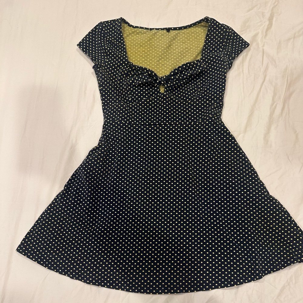 Navy  and yellow Polka Dot Fit-and-Flare Dress